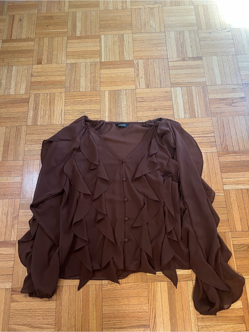 Boho Chic in Chicme Ruffled V-Neck Blouse in Chocolate Brown size XL